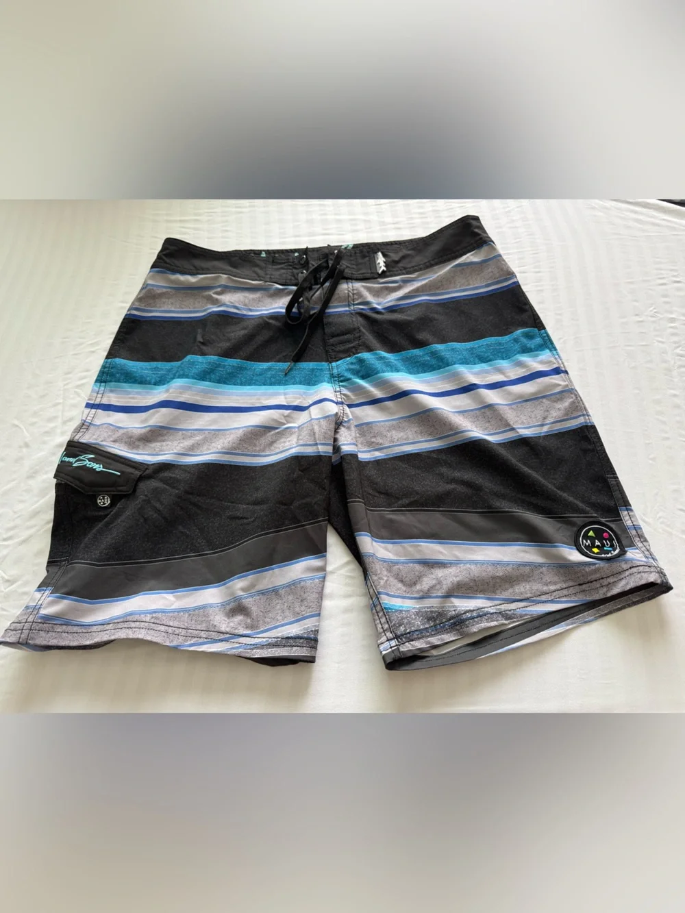 Maui and Sons Black, Gray & Blue Striped Men’s Board Shorts